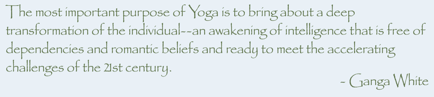 The most important purpose of Yoga is to bring about a deep transformation of the individual--an awakening of intelligence that is free of dependencies and romantic beliefs and ready to meet the accelerating challenges of the 21st century.